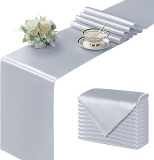 Manyshofu 12Pcs Satin Grey Table Runner - 12 x 72 Inch Long Size, Party Table Runner Decor Bright & Smooth Wedding Decorations Table Runners for Banquet Chef Birthday Buffet Dinner Graduations