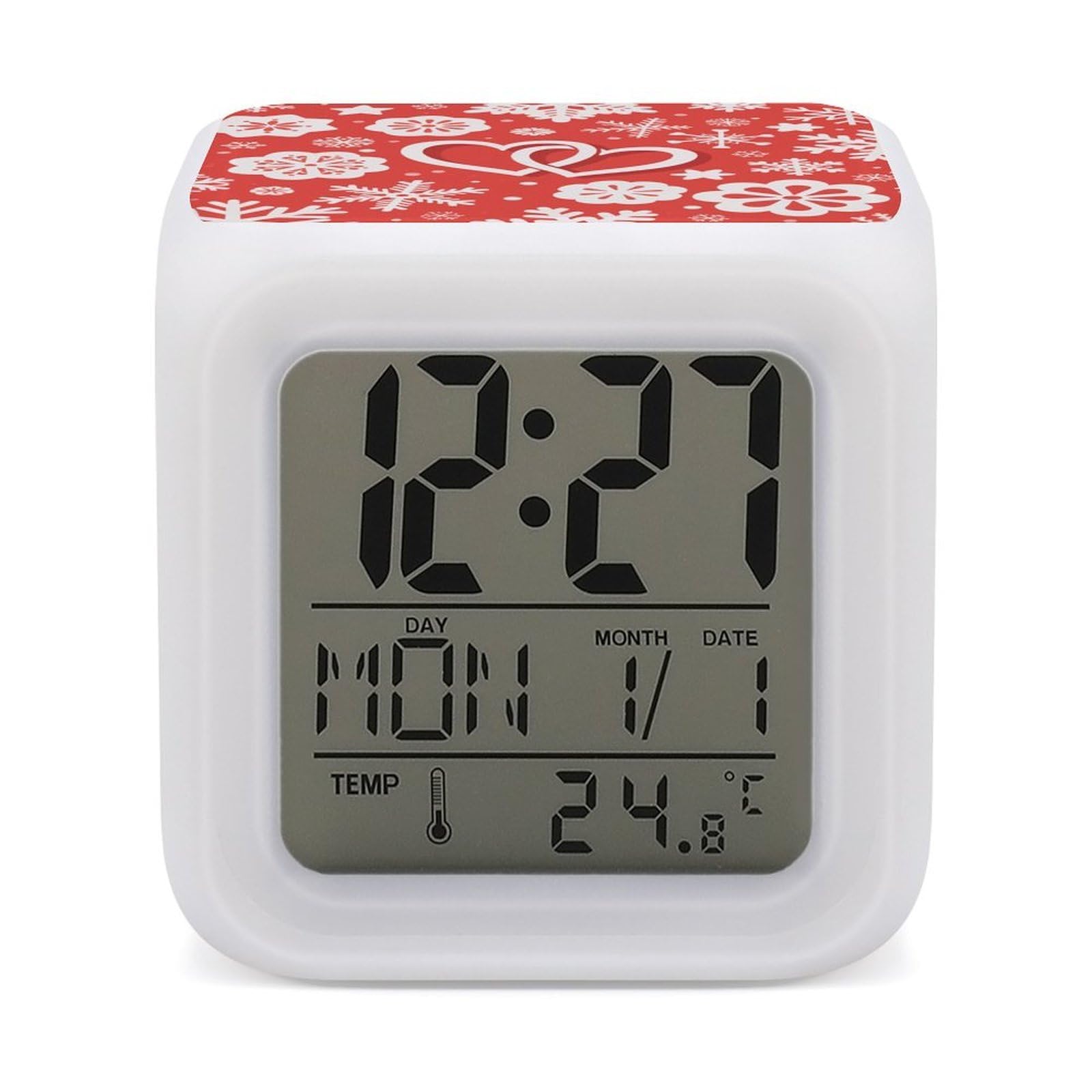 7 Color Ambient Night Light Cube Battery Operated Hearts Snowflake Flower Digital Clock with Snooze Temperature LED Digital Alarm Clocks Dimmable Wake Up Light Portable Mood Lamp for Bedroom Desk Gift