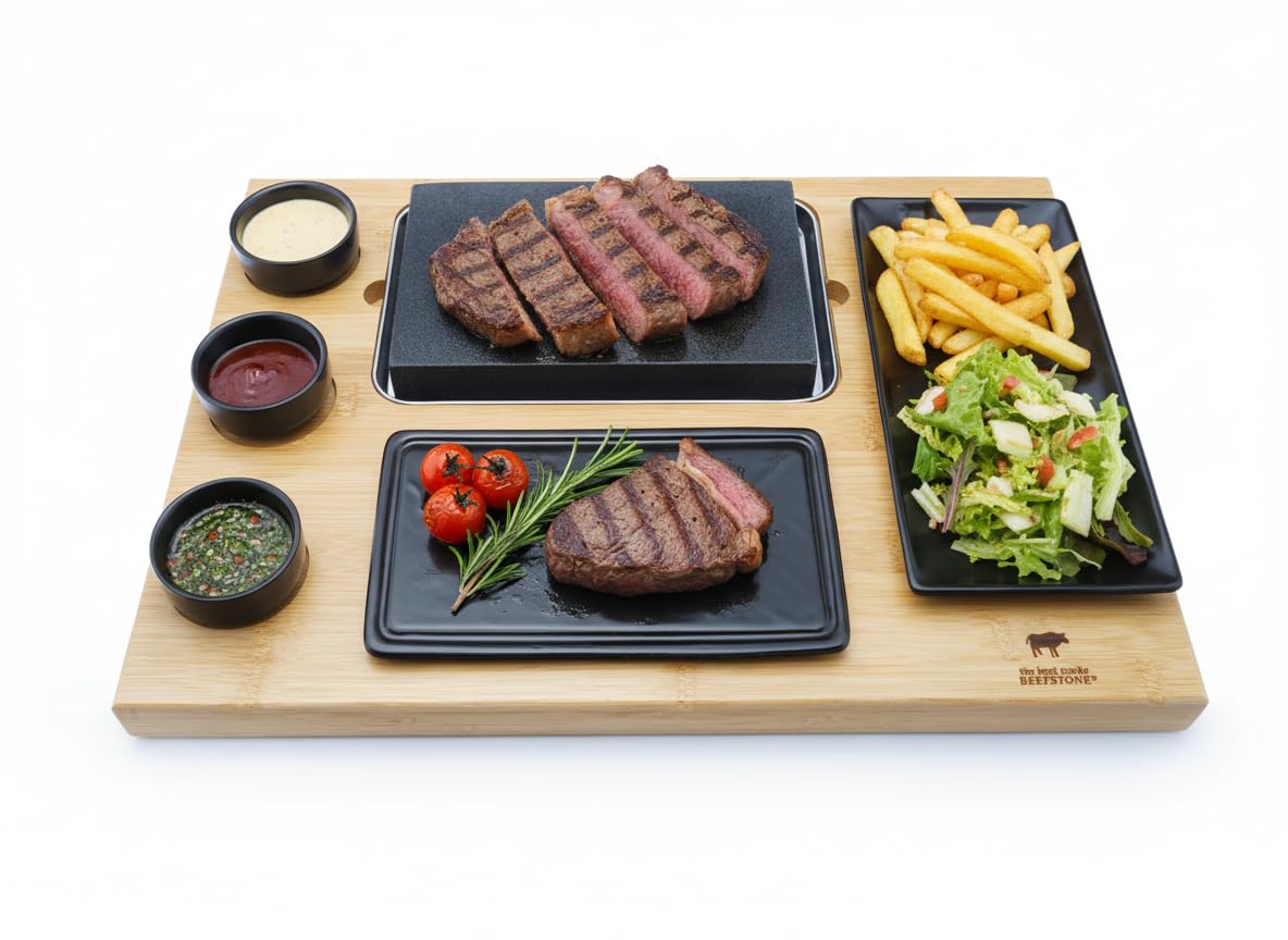 Steak en pierre de lave chaude modèle EVO avec ardoise, 3 bols à trempette et une assiette, 8 pièces, Hot Stone Steak