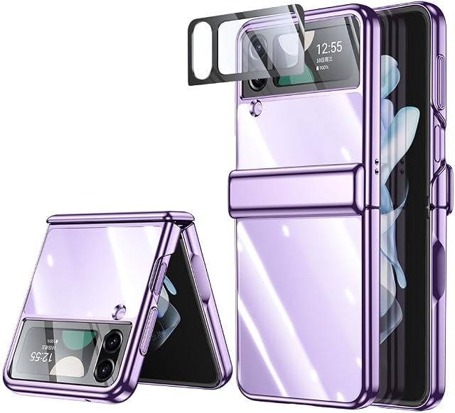 LEIAU for Samsung Galaxy z-Flip-4 Case: Transparent Electroplating Protective Phone Case with Full Cover Hinge Protection, Clear Case with Screen Protector for Galaxy Z Flip 4 5G (Purple)