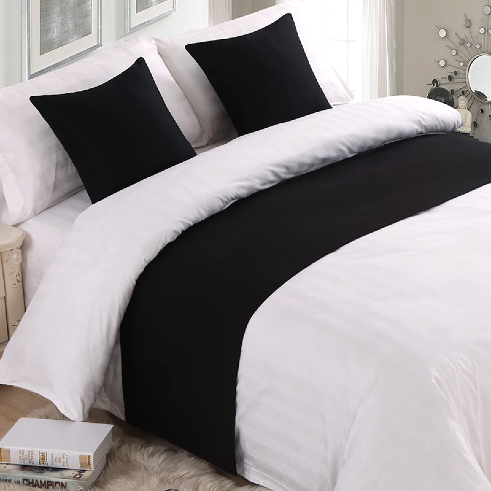 GZQIAWY Bedspread Bed Runner Throw Home Hotel Plain Thick Cotton Linen Solid Color Bedroom Tail Towel Protector Bedding Decor Bed Black 50 x 240cm (Bed Scarf)+2 Cushion Covers