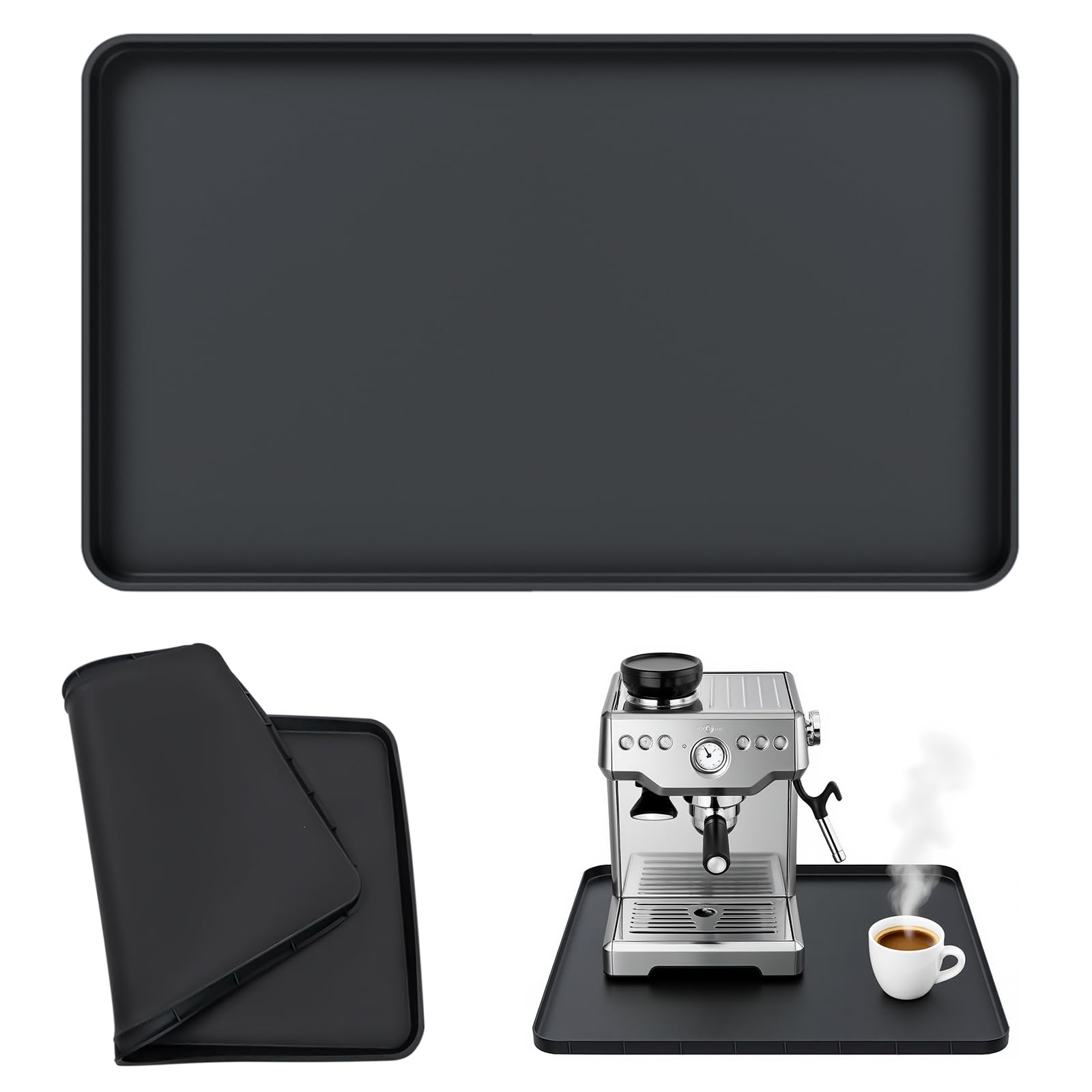Mritrit Silicone Coffee Machine Mat, 18x11in with Raised Edges, Anti-Slip Kitchen Worktop Protector for Automatic Coffee Machines, Black