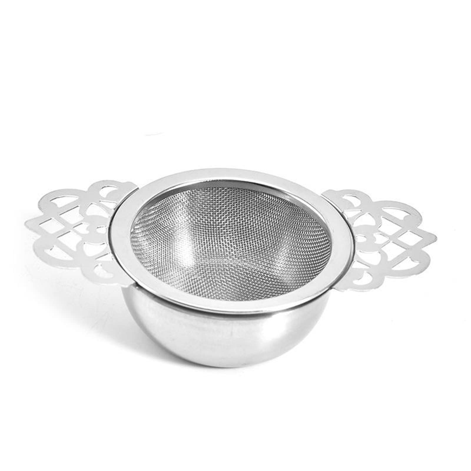 Colador de té, infusores de té con asas dobles para las orejas, filtro de especias, hojas sueltas con cuenco de goteo, colador de té, duradero, fiable, de acero inoxidable (plata)