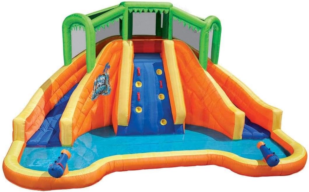Banzai Twin Falls Lagoon, Length: 16 ft 8 in, Width: 11 ft 10 in, Height: 8 ft 4 in, Inflatable Outdoor Backyard Water Slide Splash Toy