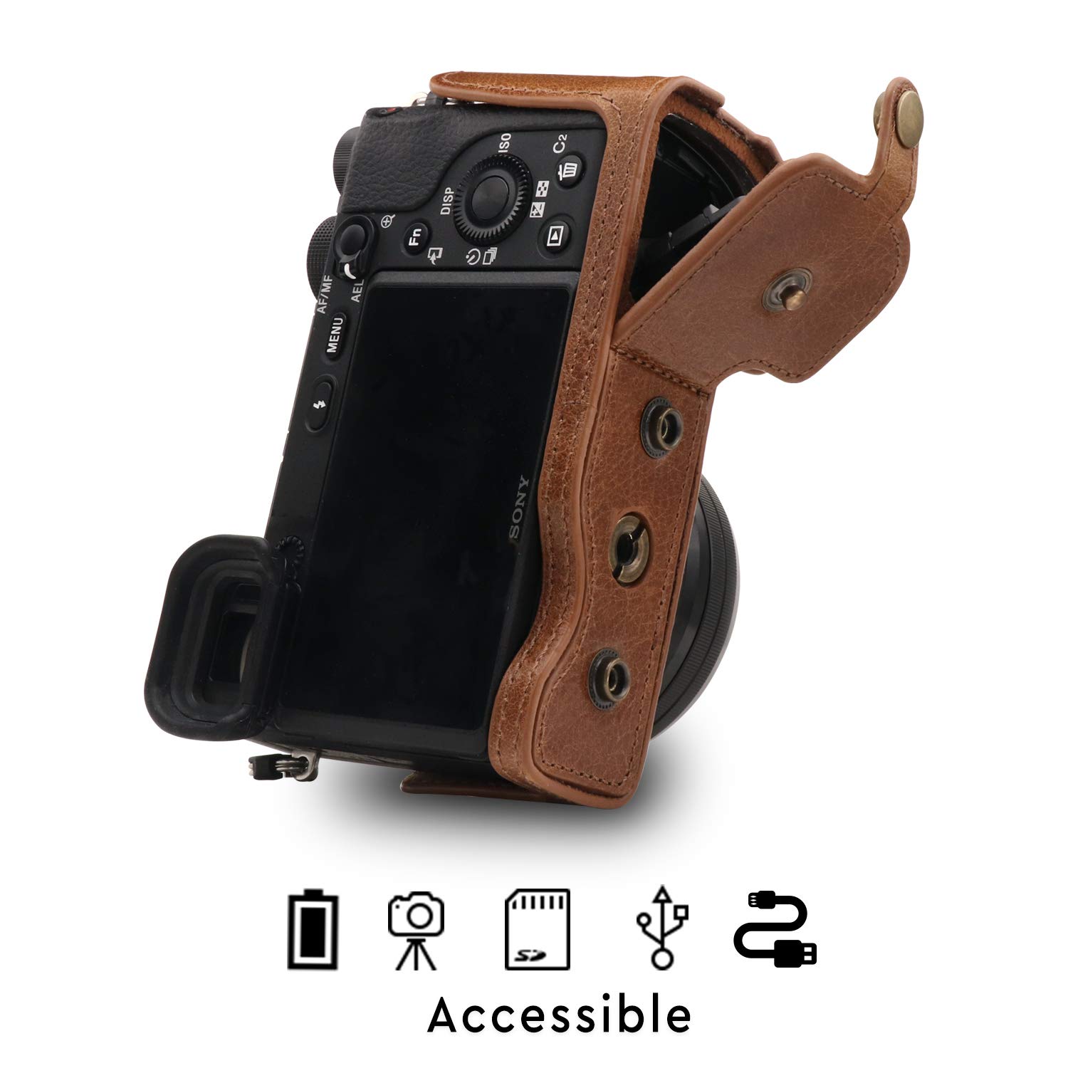 MegaGear MG1647 Ever Ready etui na aparat z prawdziwej skóry kompatybilne z Sony Alpha A6100, A6400 (16-50 mm) - brązowe