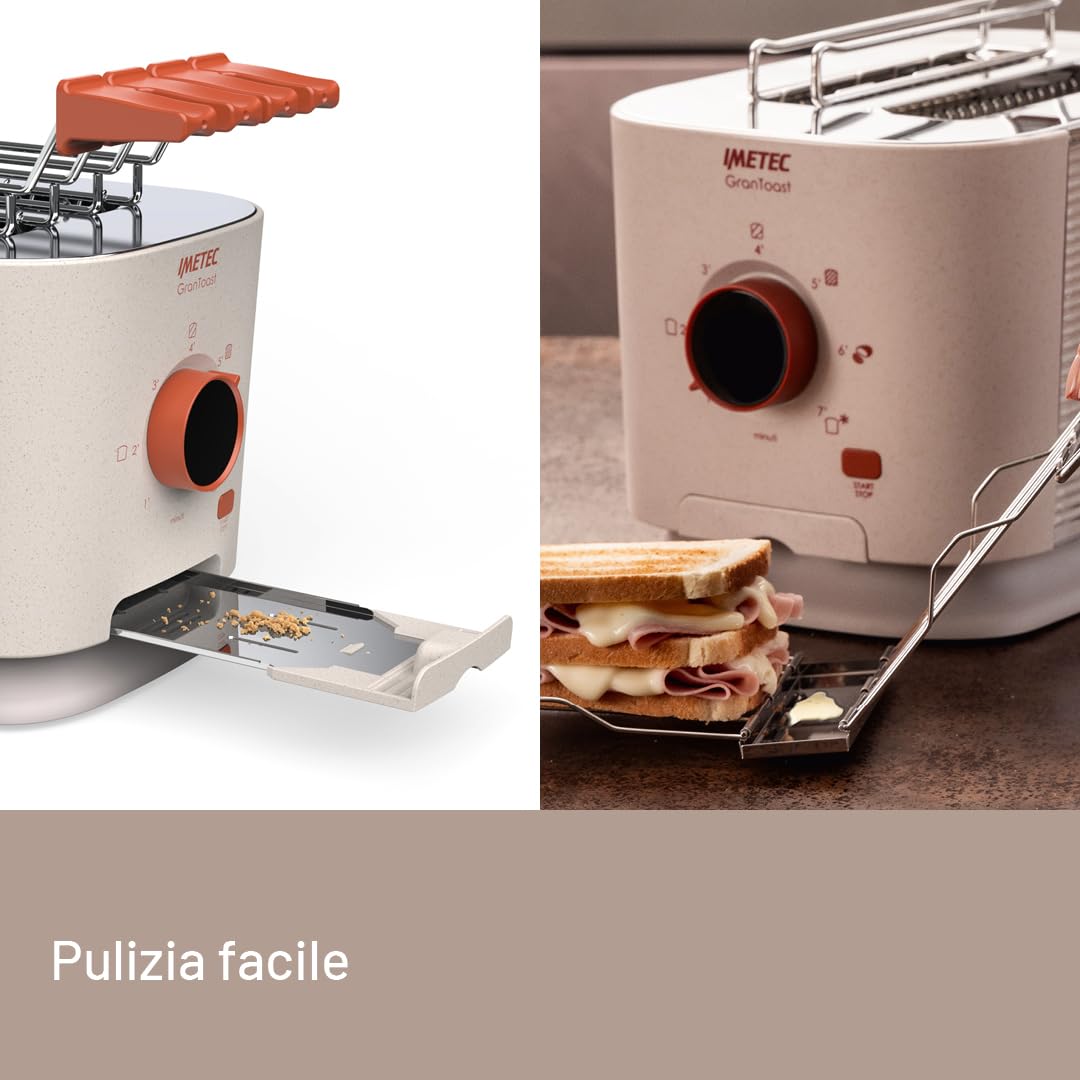 Imetec Grantoast - Tostapane 2 Fette XL con Pinze Apribili per Toast Farciti - 7 Livelli Doratura, Facile Pulizia, Display LED, Griglia Scalda Brioche, Pizzette e Focacce, Timer Digitale, Acciaio Inox