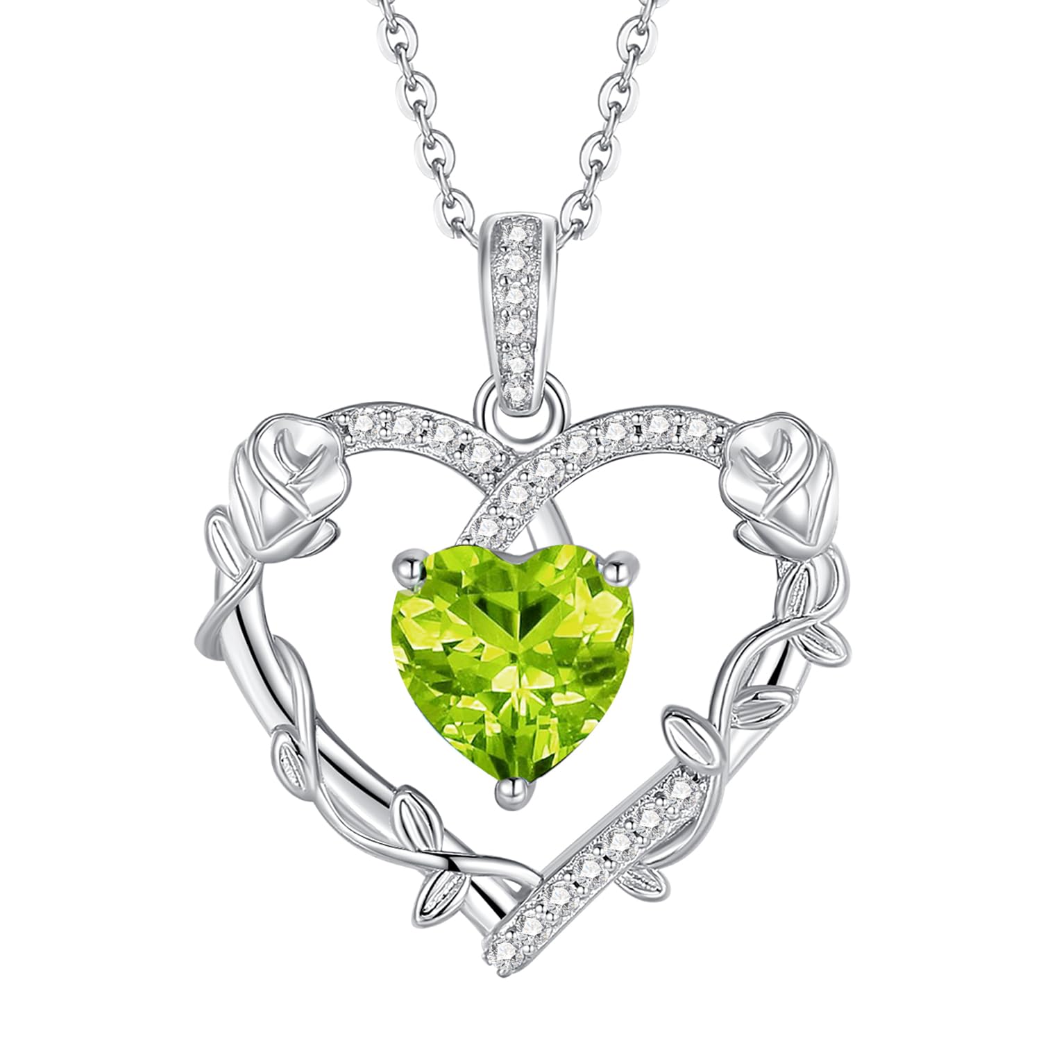 FANCIME Heart Rose Flower Necklace 925 Sterling Silver Birthstone Pendant Created Gemstone Jewellery Anniversary Birthday Christmas Gifts for Women 16+2 Inch