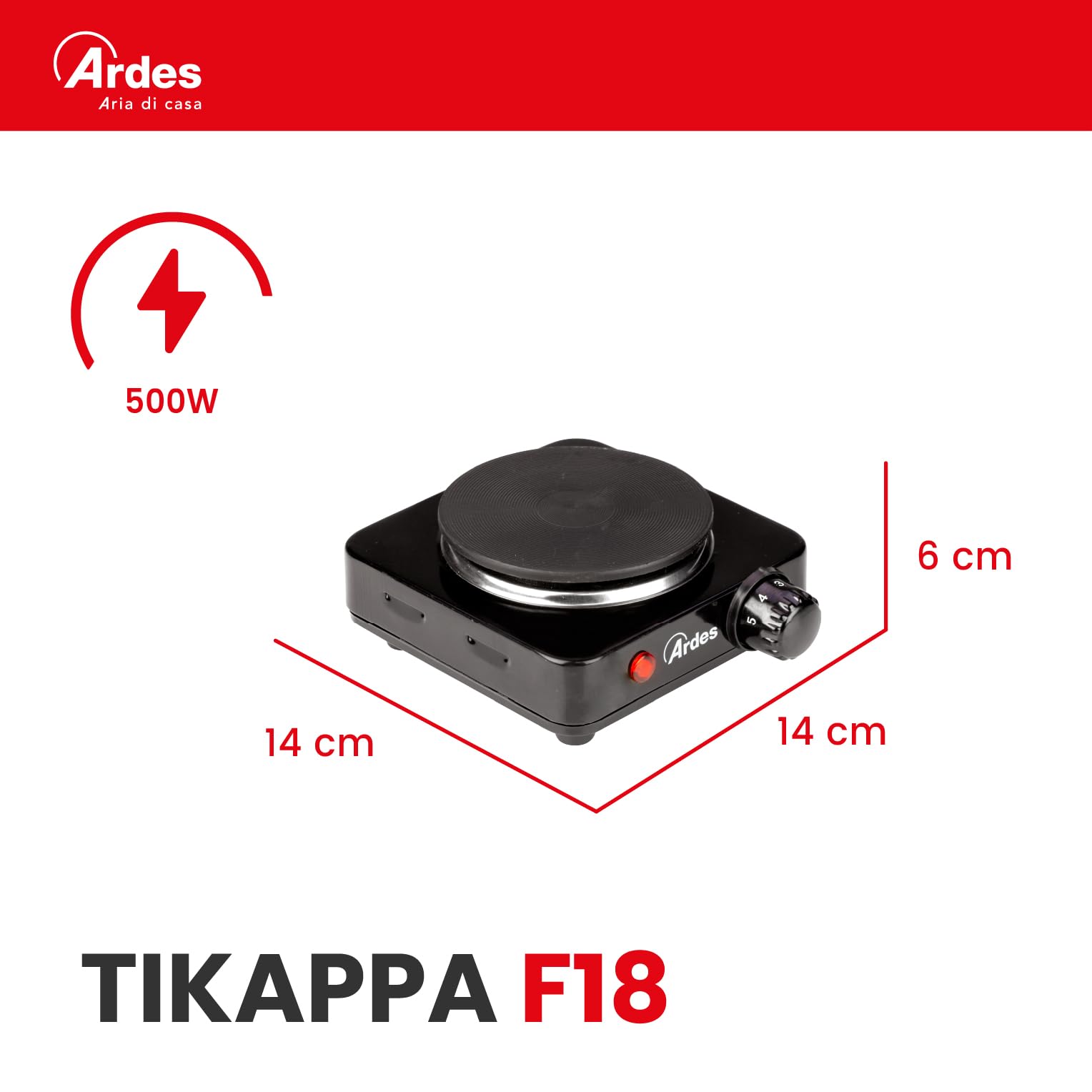 ARDES Hornillo eléctrico pequeño de 1 Placa de fundición en Acero pintado Diámetro Placa 9,5 cm con Termostato de Regulación Temperatura Modelo TIKAPPA AR1F18 Negro
