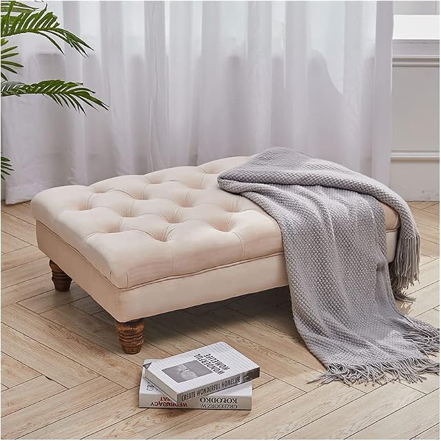 INMOZATA Chesterfield Footstool Ottoman Velvet Footstool Pouffe with Walnut Wood Feet Rectangle Coffee Table for Living Room Bedroom(Beige)