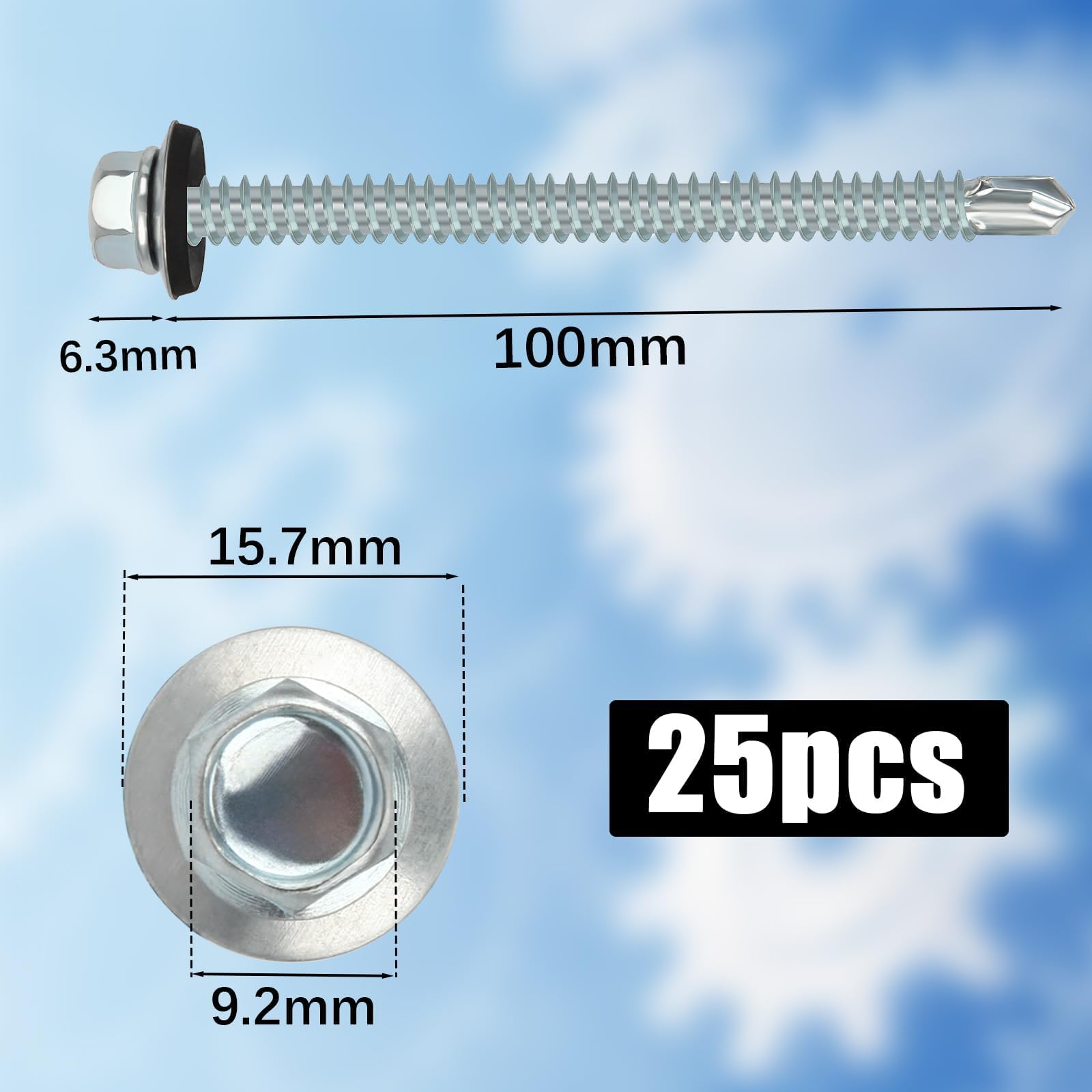 25PCS Roofing Screws with Rubber Washers 6.3x100mm Hex Head Self Tapping Screws Tech Screw for Metal Zinc Plated Corrugated Roofing Cladding Steel Screw for Tin Roof - Image 2