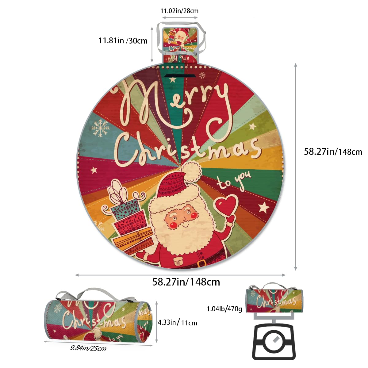 Shimoshe Retro Cartoon Santa Claus Picnic Outdoor Blanket Foldable Waterproof Sandproof Beach Blanket Portable Water-Resistant Round Picnic Mat for Travel Camping Park Lawn