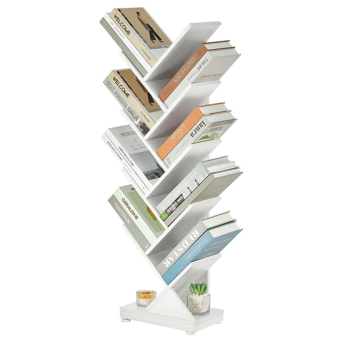 RUBOKA 9 Tier Tree Bookshelf,Shelf Floor Standing Bookcase Display for CDs/Magazine/Books, Retro Bookcase for Bedroom, Living Room, Office,Balcony,Book Organizer Storage Shelve,White