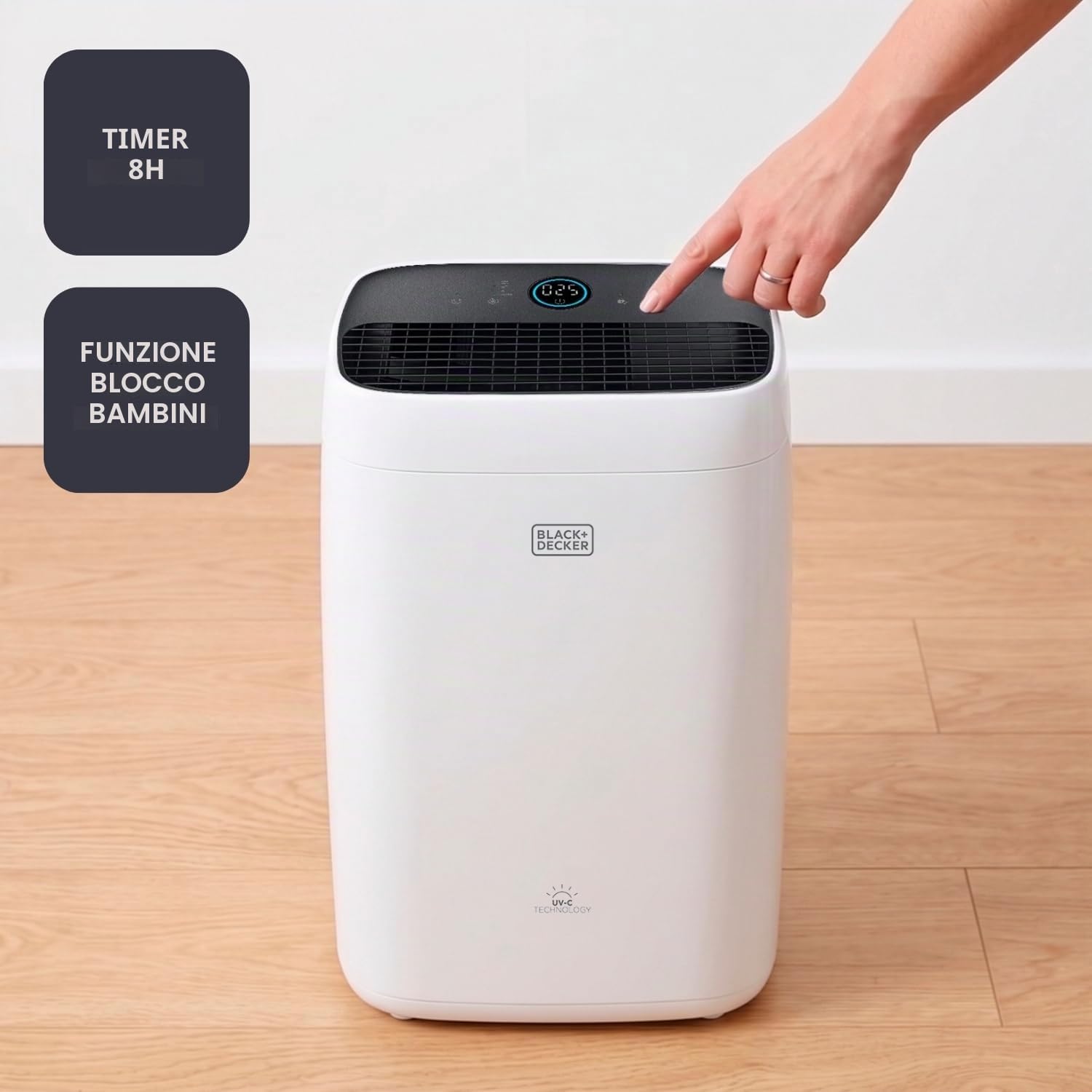 Black+Decker BXAP350E - Purificatore d'Aria con Sensore di Qualità dell'Aria Ultra-Silenzioso, 350 m³/h, Triplo Filtraggio e Indicatore di Cambio Filtro, Modalità Notturna