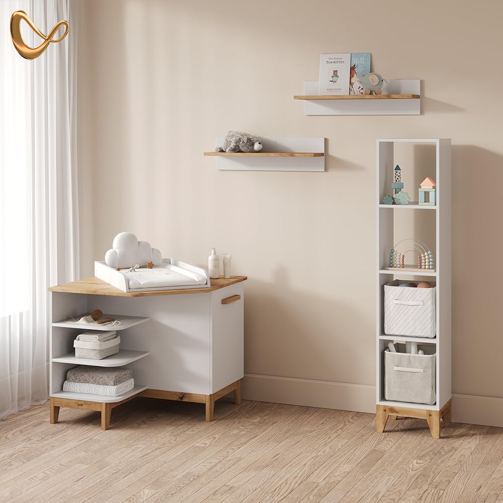 Livinity Commode à Langer Mailo, Blanc/Artisan, avec porteEspace de Jeu et de Lecture avec Un Facteur de Confort
