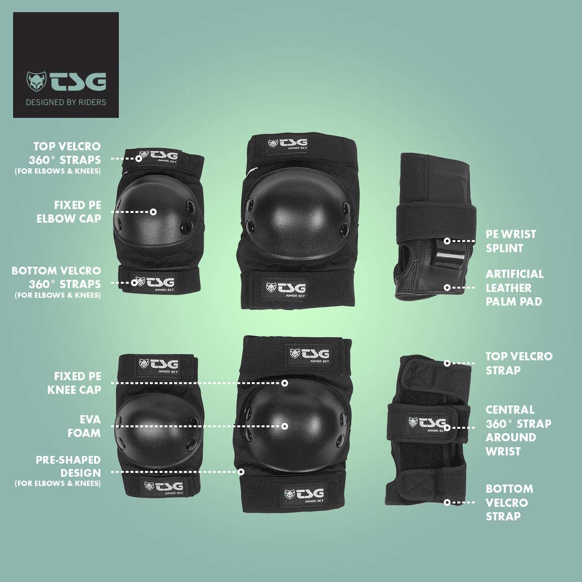 TSG Junior Set of Knee Pads, Elbow Pads and Wrist Guards, Skateboarding, Hardshell, Comfortable Wear, EVA Foam, Protection, Safety, Horseshoe Shape, Boys, Girls, Swiss Design, Black, (OneSize)