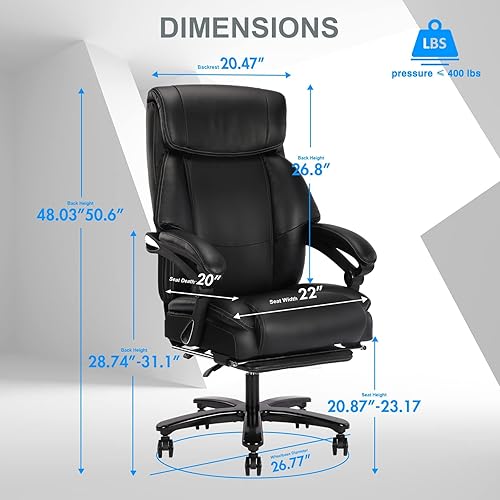 Miniatura 3 de BOSMILLER Silla de oficina grande y alta de 400 libras para personas pesadas con doble acolchado de espuma viscoelástica, silla de oficina ejecutiva