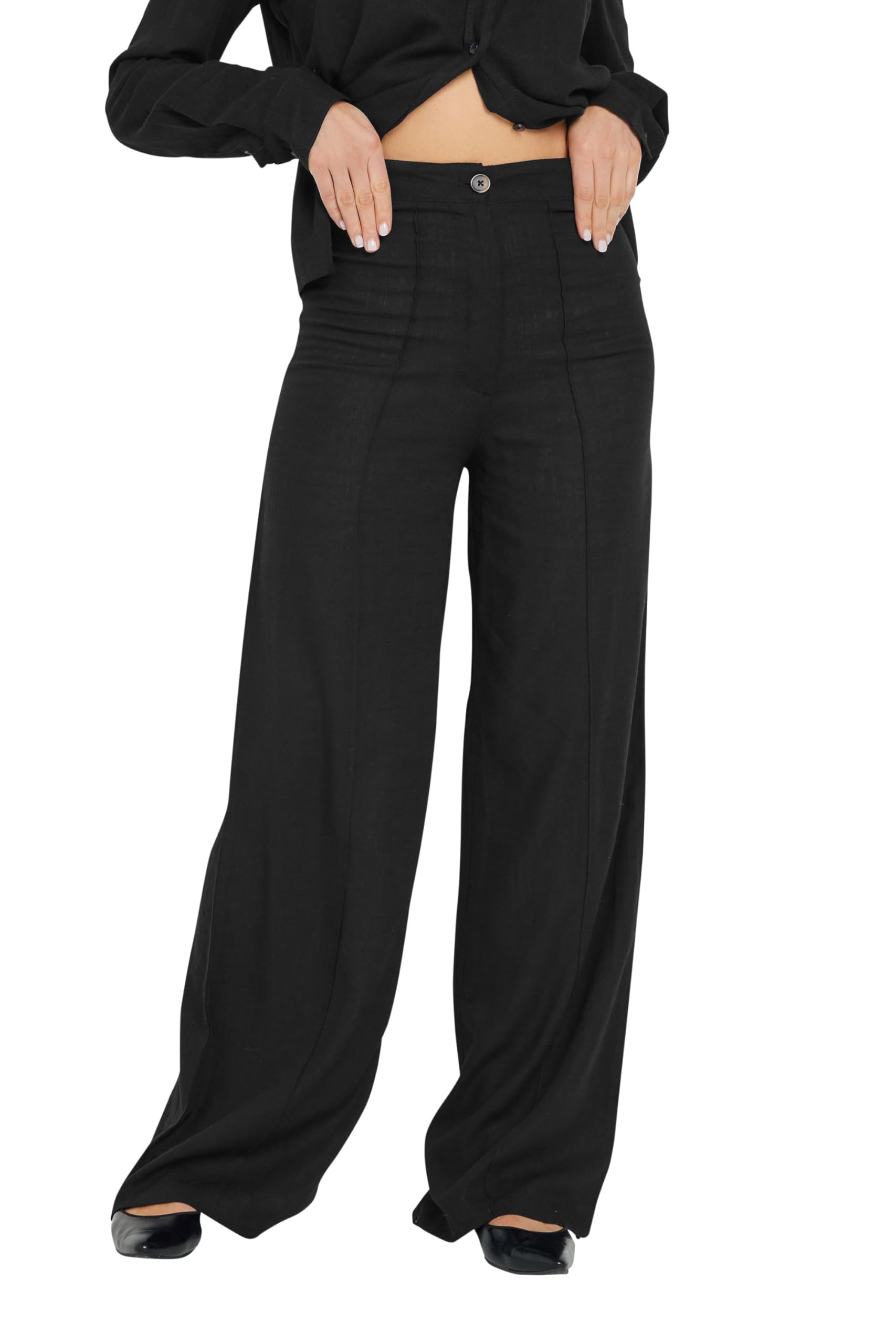 Long Tall Sally Women's Black Tall Linen Wide Leg Trousers In | : 14XL