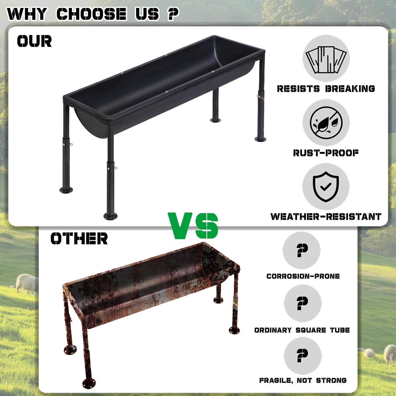 Paquete de 2 comederos de ganado de gran capacidad con soporte ajustable, portátil, desmontable, para alimentar caballos, alpacas, cabras, ovejas, ganado, cerdo en granja