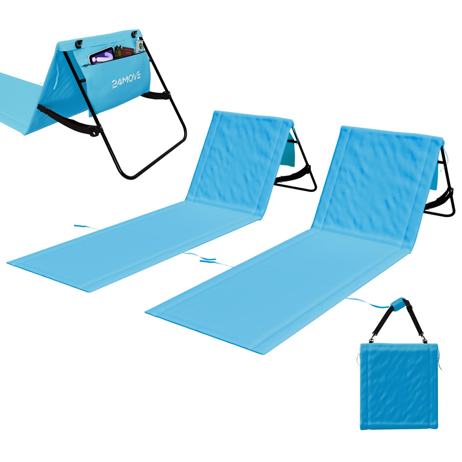 24MOVE® Strandmatte Set klappbar mit Verstellbarer Rückenlehne, Strandliege faltbar mit Schlaufen, Aufbewahrungstasche, Sonnenliege für Strand Garten, versch. Farben