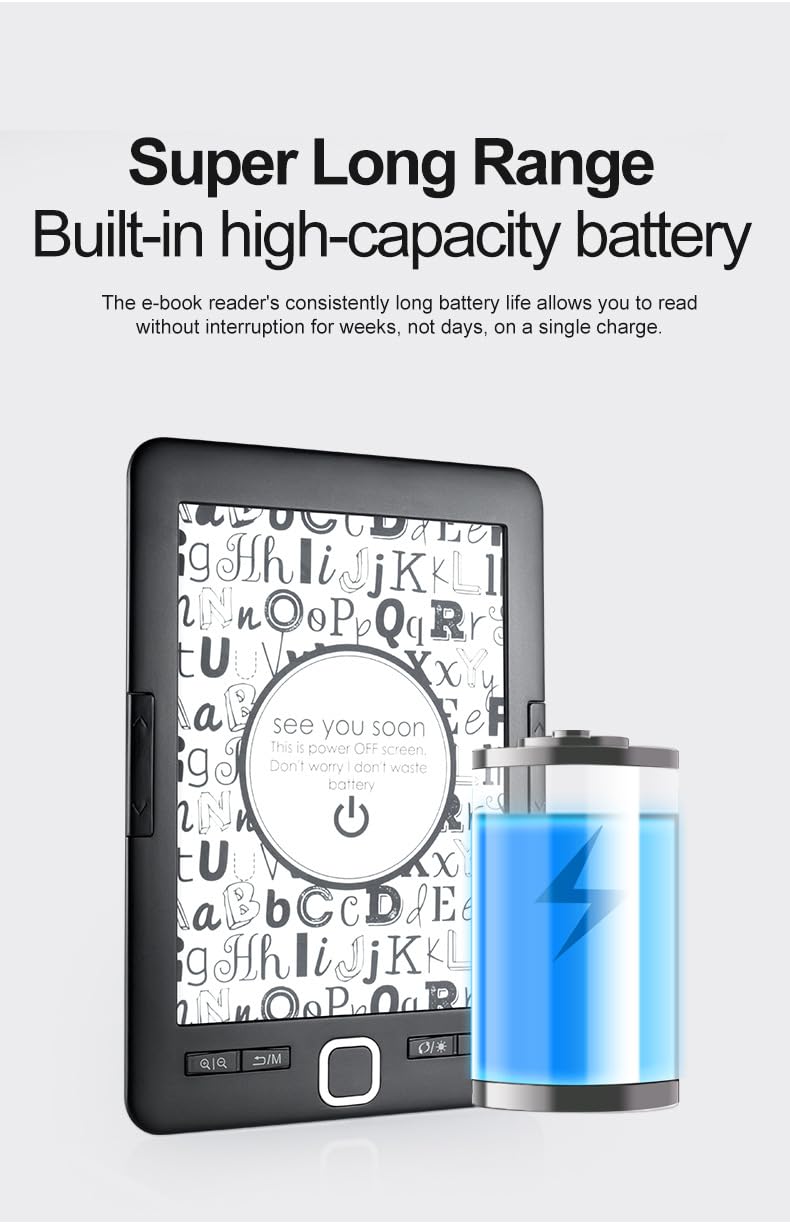 Lector de Libros Electrónicos de 6 Pulgadas, Lector Electrónico Compacto y Liviano, Lector de Libros Eléctrico con Almacenamiento 8G, Lector de Libros con Pantalla de Tinta de
