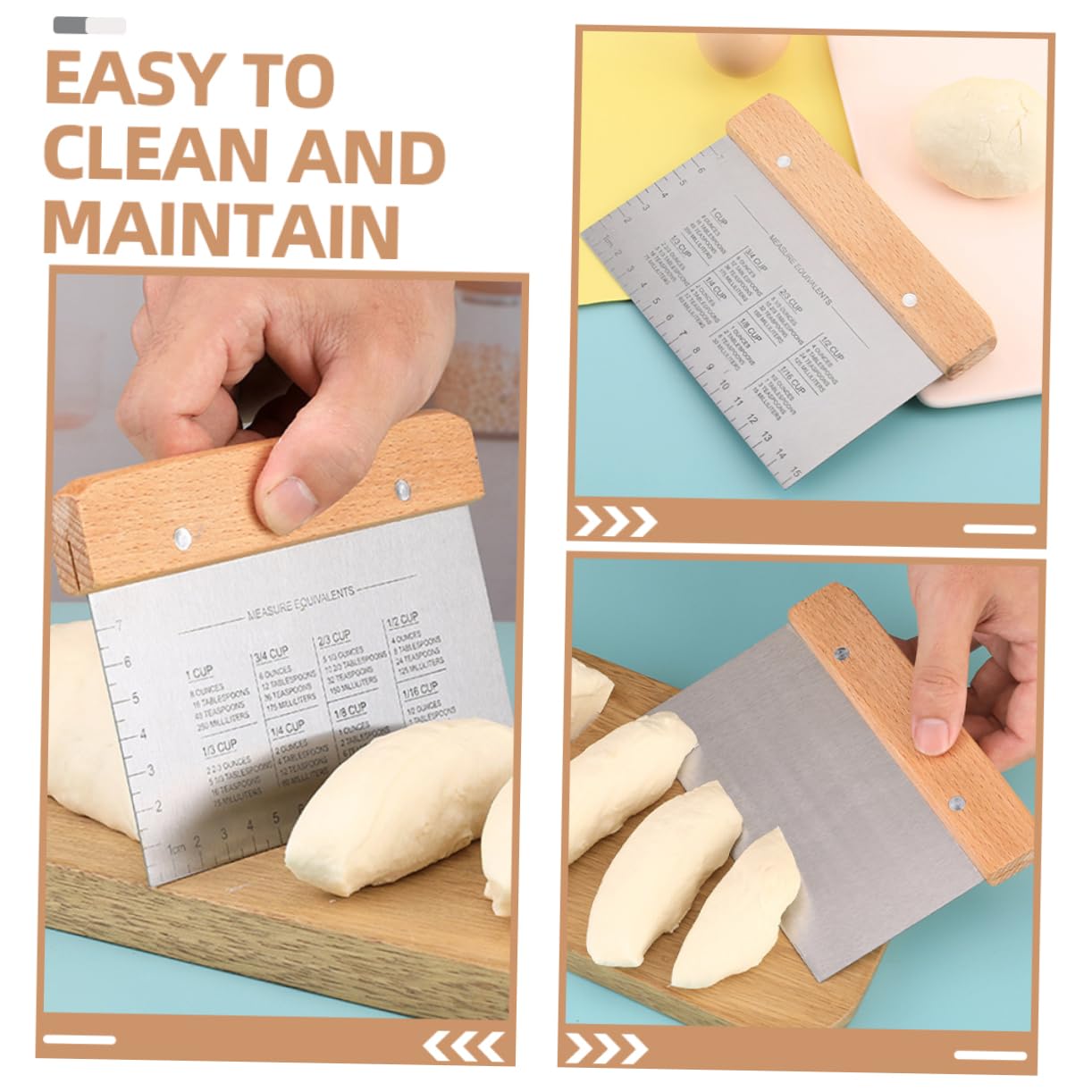 Luxshiny 2Pcs Stainless Steel Dough Scraper with Wood Handle Multi Purpose Pastry Cutter for Baking Pizza and Cake Measuring Scale for Accurate Portions