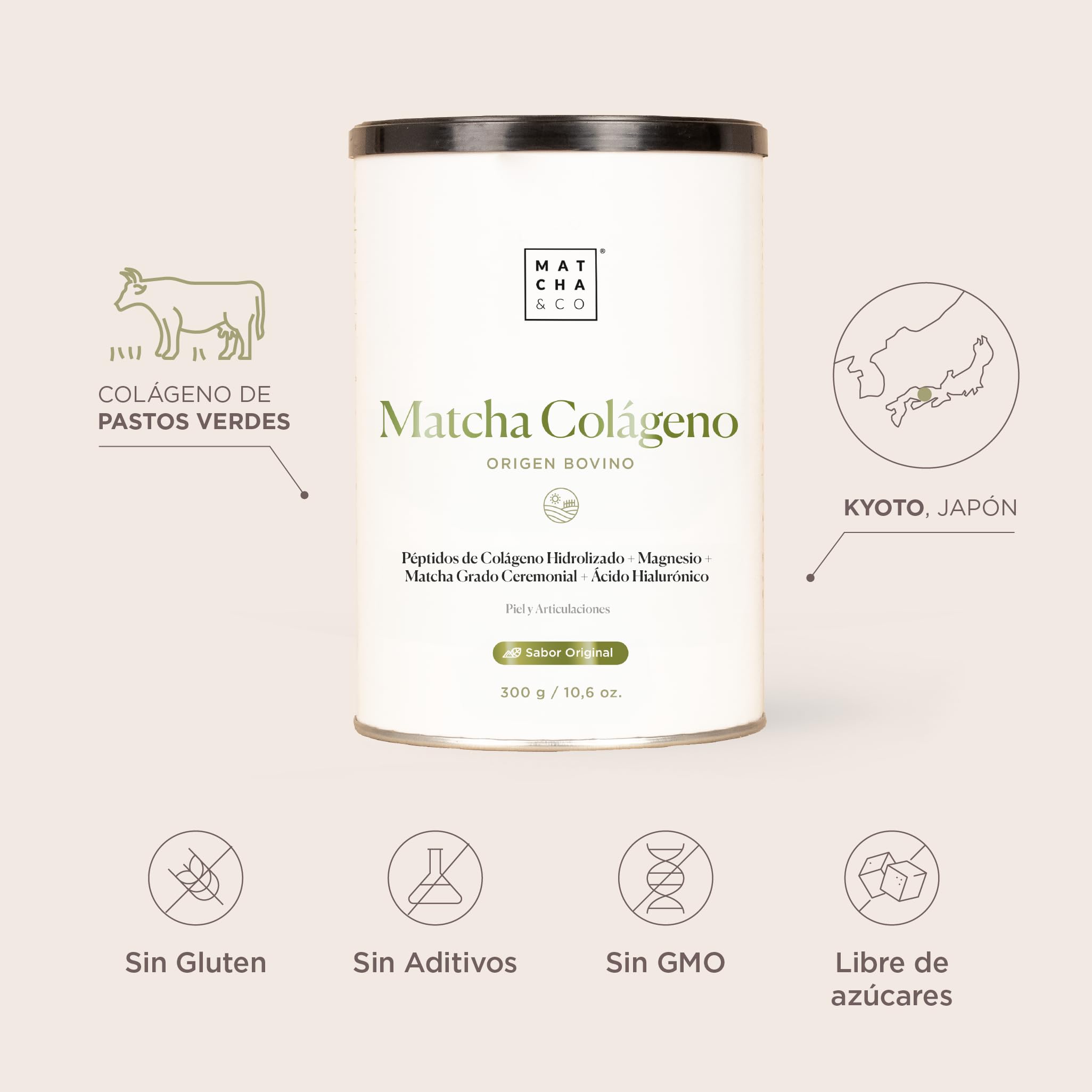 Matcha Collagen. Colágeno con Magnesio, Té Matcha y Ácido Hialurónico. Articulaciones, Piel y Uñas. 300 g en Polvo.