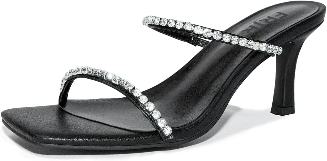 FRJR Women's Rhinestone Sandals Lace Up Slingback Square Open Toe Heels Sparkling Sandals with Stiletto Buckle Strap for Dress Party Prom Wedding High
