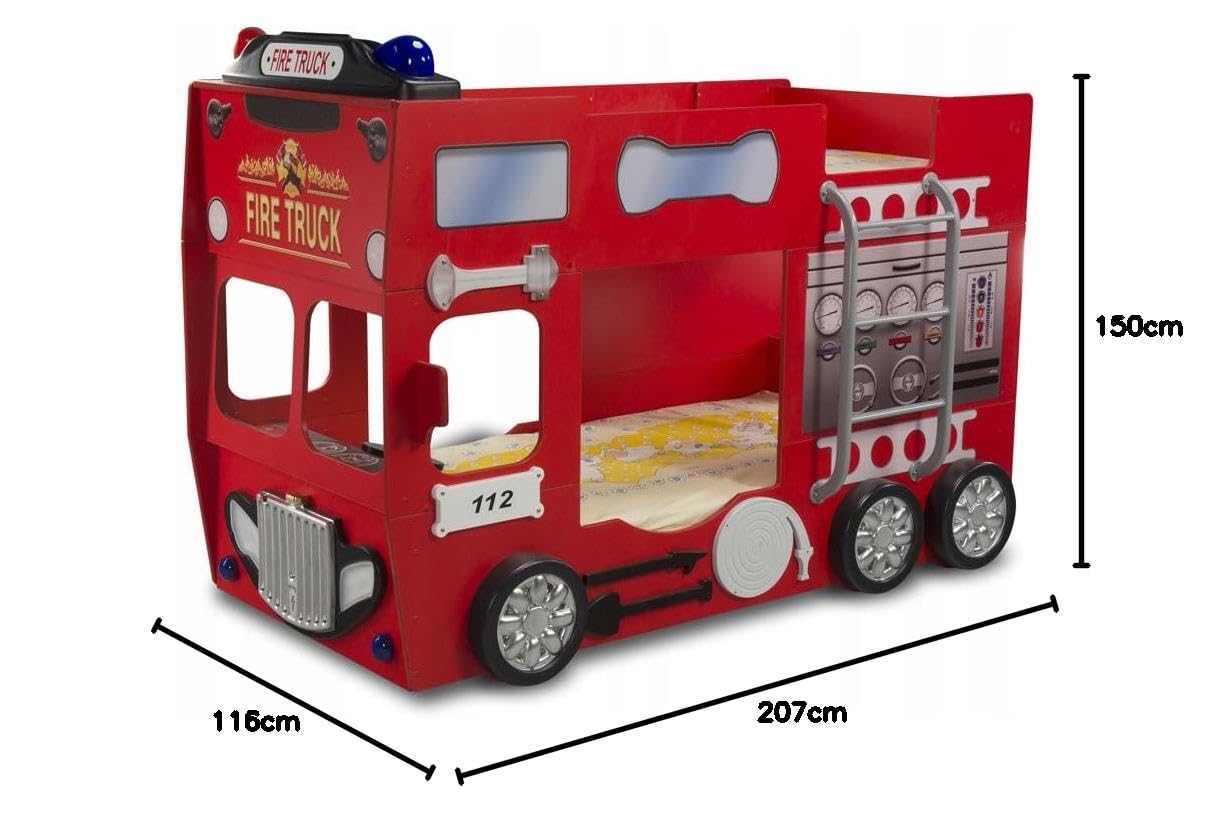 PLASTIKO | Letti a castello | Camion dei vigili del fuoco 116 x 150 x 207 cm | Confortevole | Funzionale | per Dormire | per due | Materasso e telaio Incluso | Perfetto per una piccola stanza