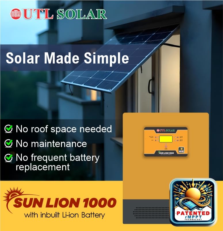 Image of UTL SUN LION 1000 Solar Inverter | Wall Mountable | Inbuilt Lithium Battery (LiFePo4) | rMPPT Solar Charge Controller | Compatible with 12V & 24V Panels | 800VA System | 3-Year Warranty
