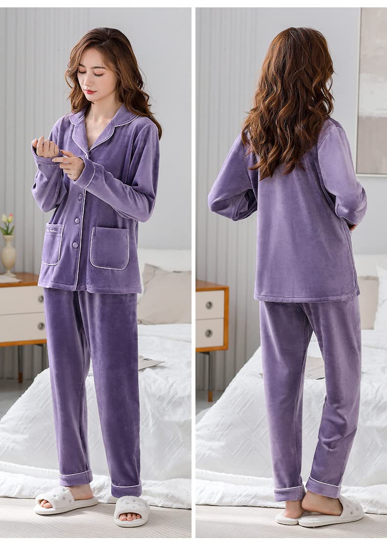 LUBOSE Pijama de franela para mujer, conjunto de ropa de descanso, 2 piezas, pijama con botones, ropa de descanso térmica (XL, morado)