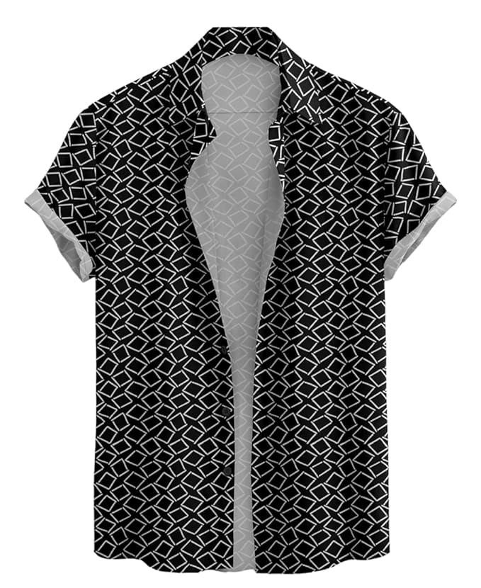 Geometric Print Short Sleeve Shirt, Black and White, Cotton Lycra