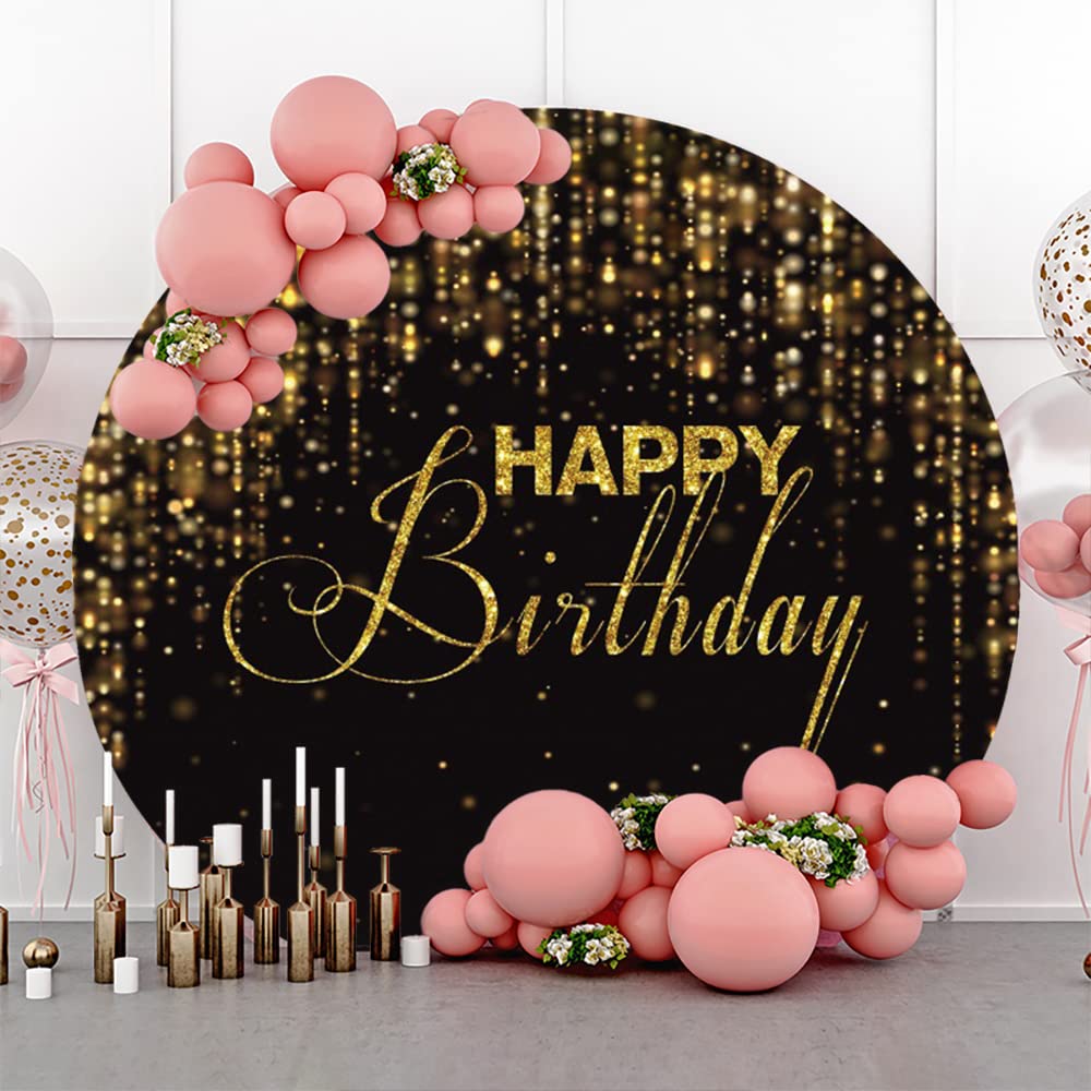 Happy Birthday Round Backdrop 7.2x7.2ft - Black & Gold Bokeh Photography Background