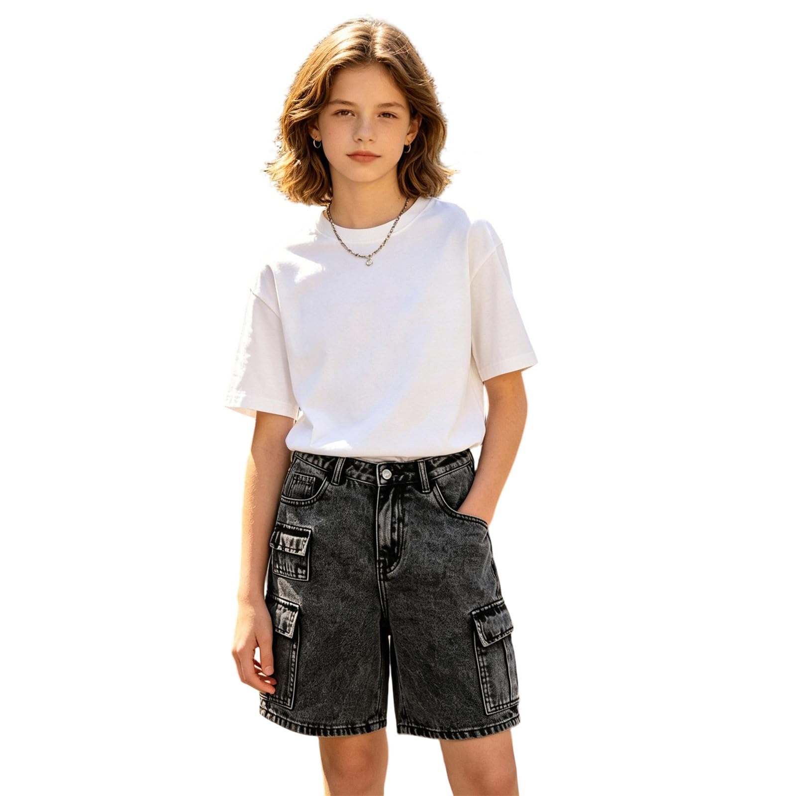 Pantalones vaqueros holgados de niña estilo cargo con bolsillos y cintura alta 6