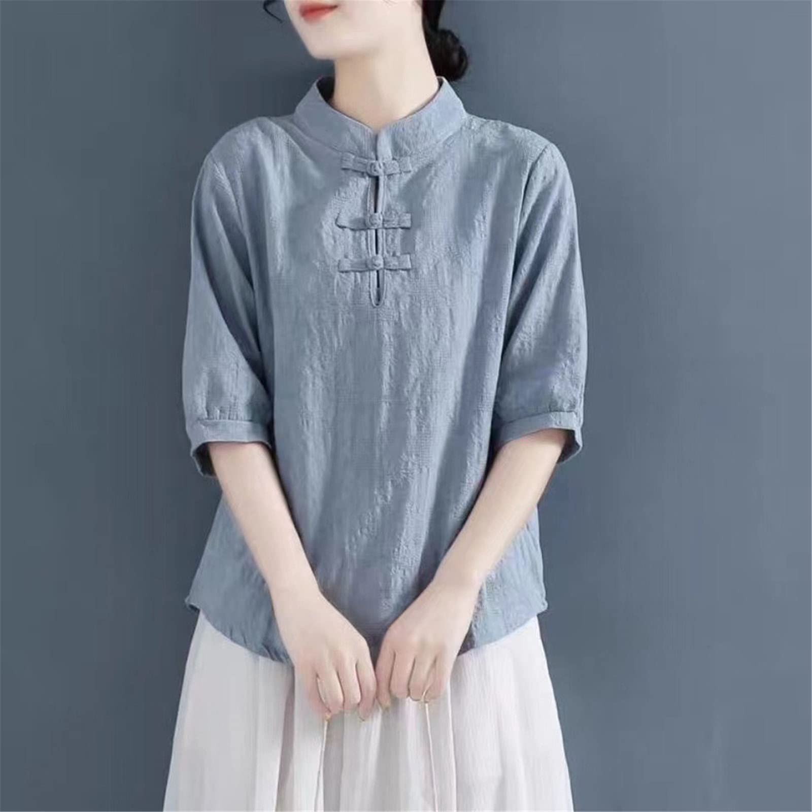 Chemise en coton à manches mi-longues pour femme - Style chinois - Col montant - Grande taille, blanc, XXL