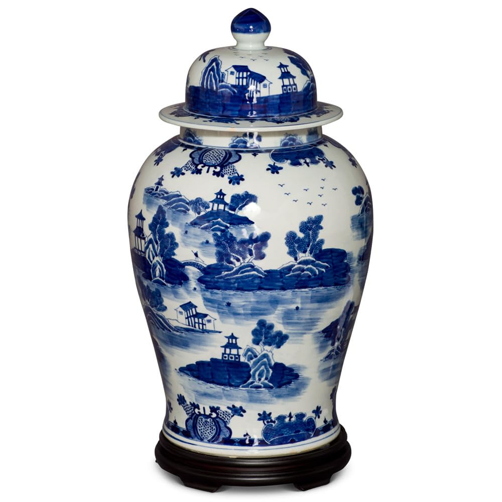 China Furniture and Arts 23.5 Inch Blue & White Scenery Motif Porcelain Ginger Jar