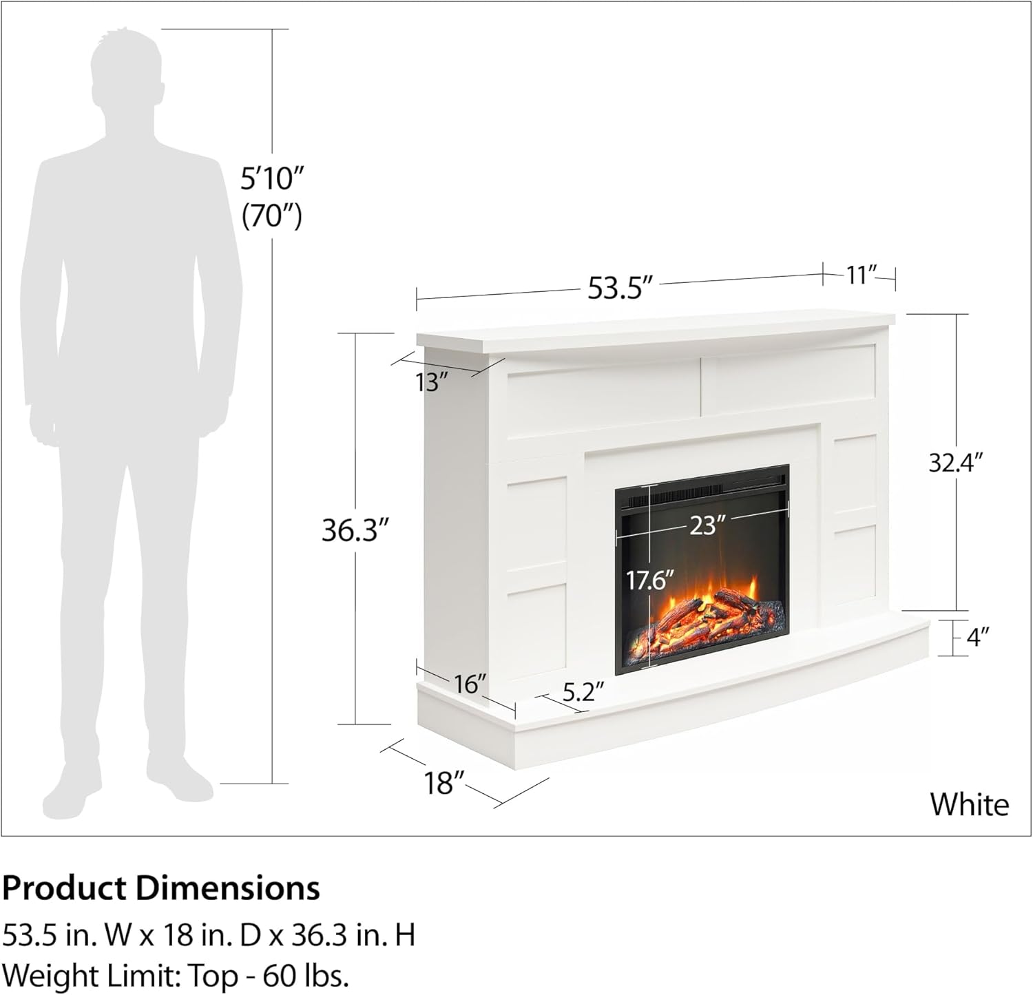 White Laminate Electric Fireplace Mantel TV Stand, 53.5" Wide
