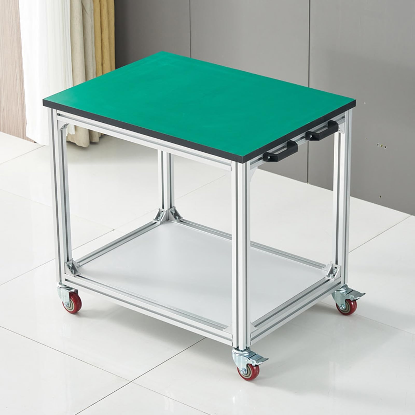 Banco de trabajo portátil con ruedas, mesa de trabajo con marco de aluminio con almacenamiento bajo, carrito de mesa de goma para garaje u oficina, 80 cm x 60 cm x 75 cm