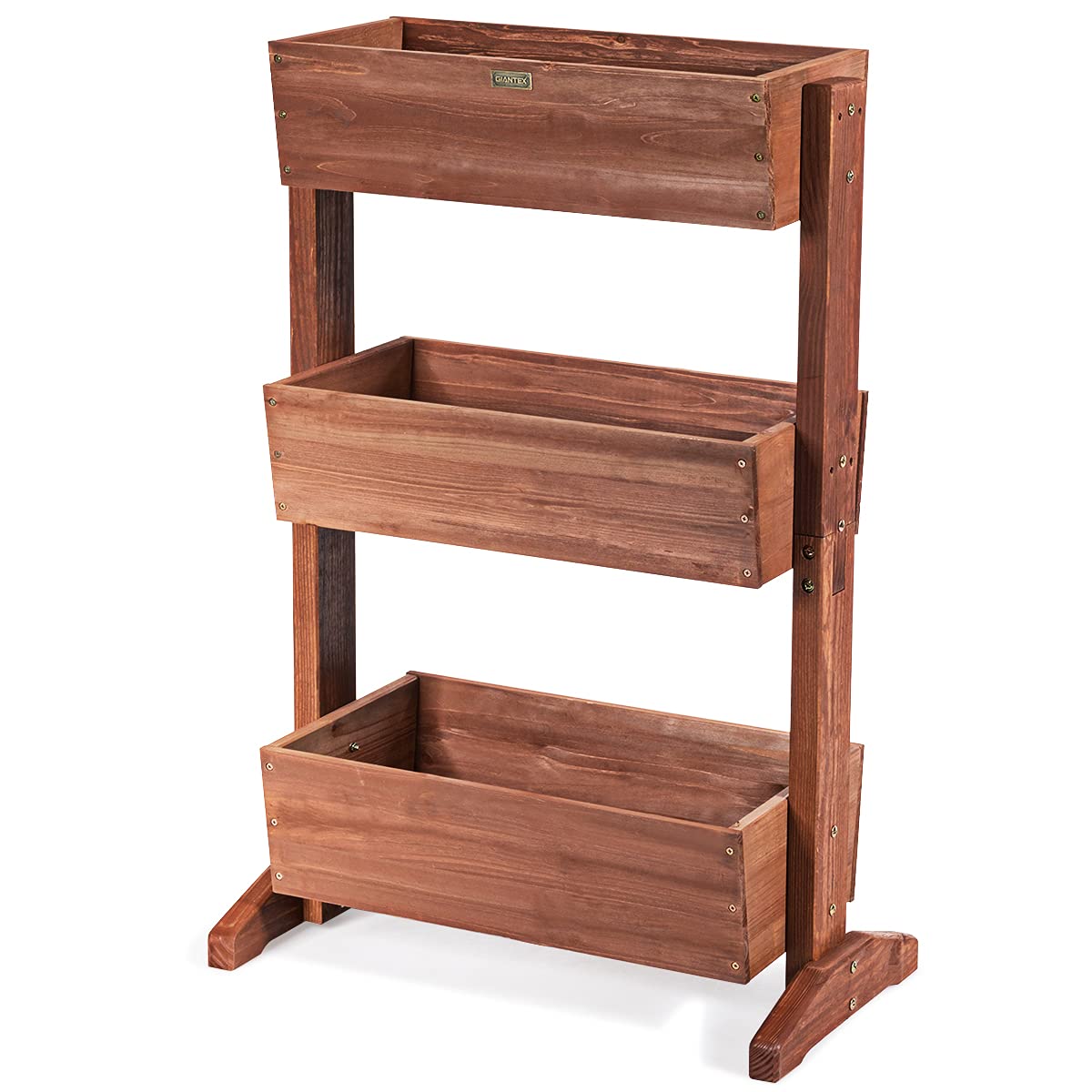GIANTEX Bancal Vertical de Madera de Abeto con 3 Maceteros para Jardín, Huerto Elevado Ángulo Ajustable, Estantería de Escalera para Flores, Verduras, Plantas, Color Marrón