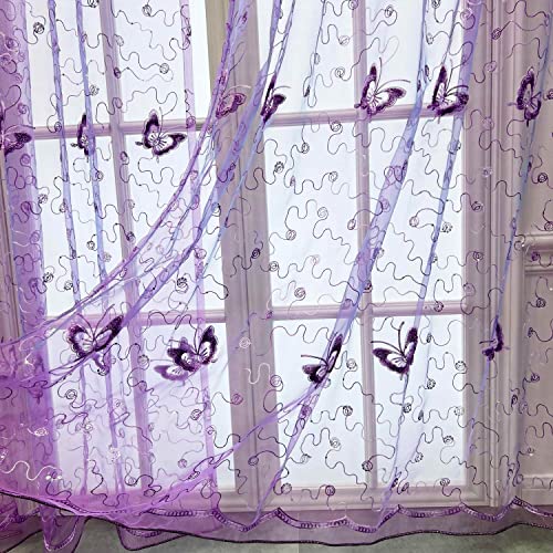 Winyy UNKNOWN Sequins Butterfly Sheer Voile Curtain For Bedroom Kitchen Window Purple Curtain Drape Rod Pocket Top Tulle Gauze 1 Panel 40 Inch Wide 63 Inch Long thumb #3