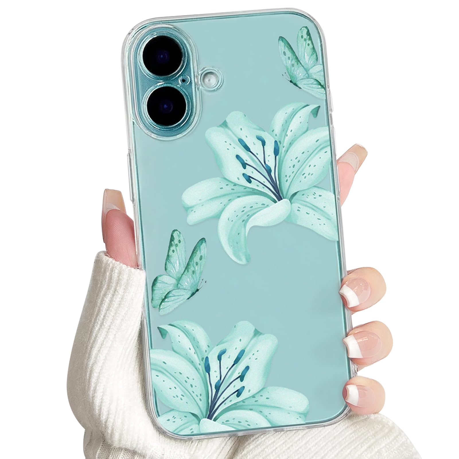 NITITOP Compatible with iPhone 16 Plus Case Clear Cute Butterfly Lily Flower Floral Pattern for Women Girls Full Camera Lens Clear Slim Shockproof