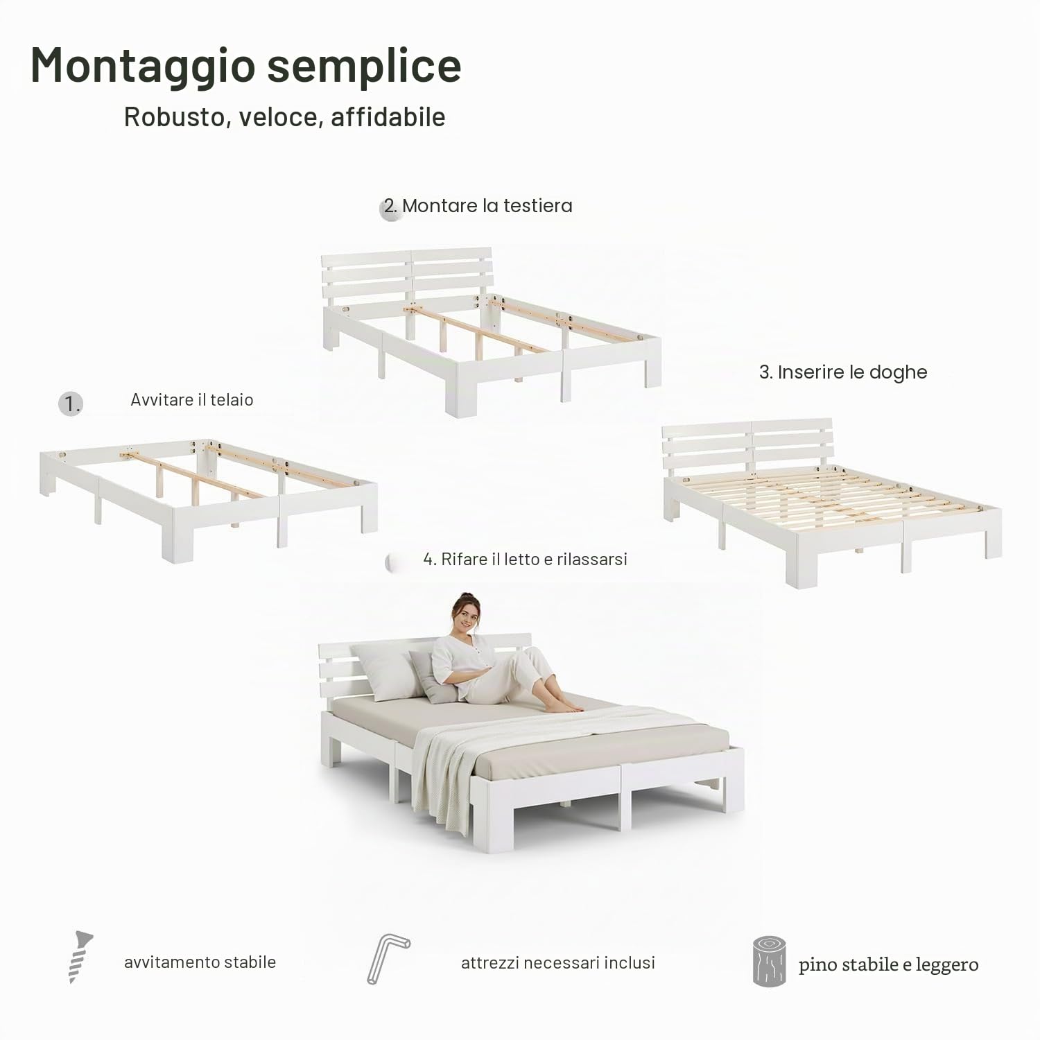 Homestyle4u Letto matrimoniale 160 x 200 in legno di pino massiccio bianco telaio letto con rete a doghe