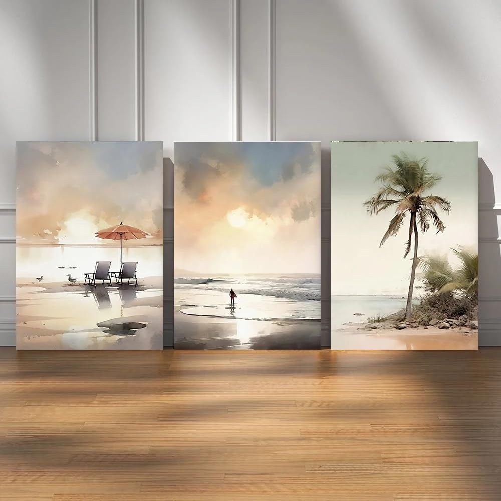 GKUVBF Quadro su tela con stampa astratta di sdraio in stile boho, paesaggio da spiaggia, tramonto sul mare e palme, ideale per soggiorno e arredamento (50x70 cm x 3/cornice interna).