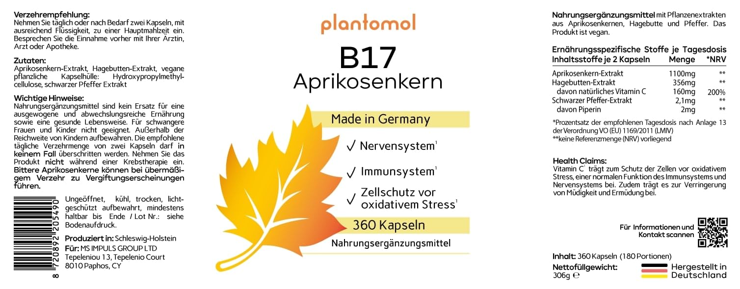 360 Aprikosenkerne Kapseln mit 1100mg Aprikosenkern-Extrakt pro Tag (2 Kapseln) - enthält natürlicherweise unstandardisiertes Vitamin B17 + pflanzliches Vitamin C aus Hagebutte - 6 Monatsvorrat