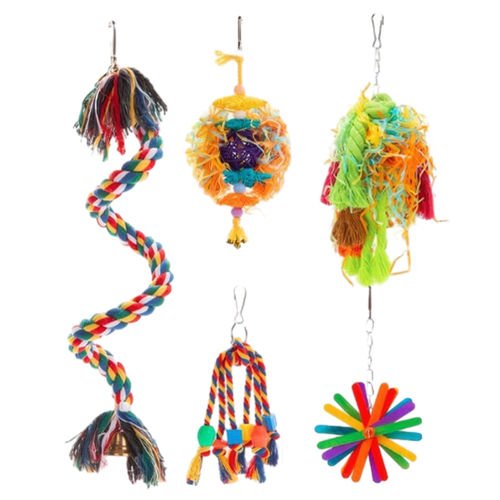Vogelkauspielzeug | 5 Stück/Set Kauspielzeug für Sittiche | Kauspielzeug für Sittiche mit Baumwollse, Rattanball, buntes Käfigzubehör aus geschreddertem Papier für Sittiche, Wellensitti