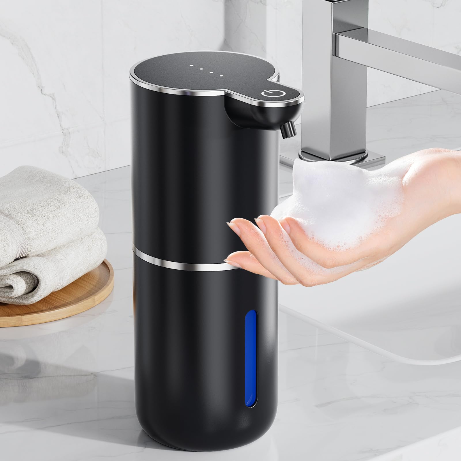 Fantictas Automatischer Seifenspender, elektrischer Schaumseifenspender, USB wiederaufladbar, 4 Stufen verstellbar, 380 ml Wandhalterung, geeignet für Badezimmer/Küche/Geschirrspülmittel, Schwarz