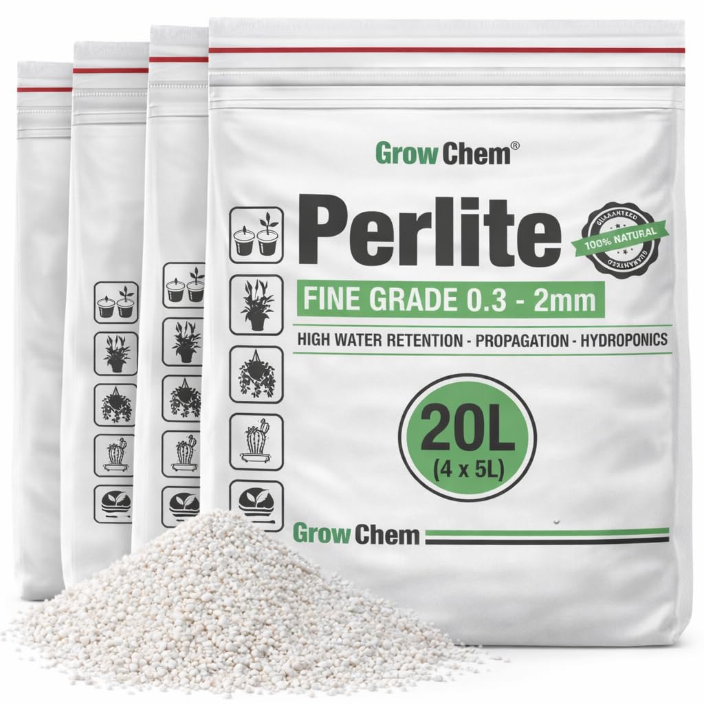 Grow Chem Perlite FINE for Plants 20 Litre (4x5l) 0.3–2mm Fine Grade Seedling Mix- Premium Horticultural Perlite for Hydroponics & Propagation, Improves Drainage and Water Retention