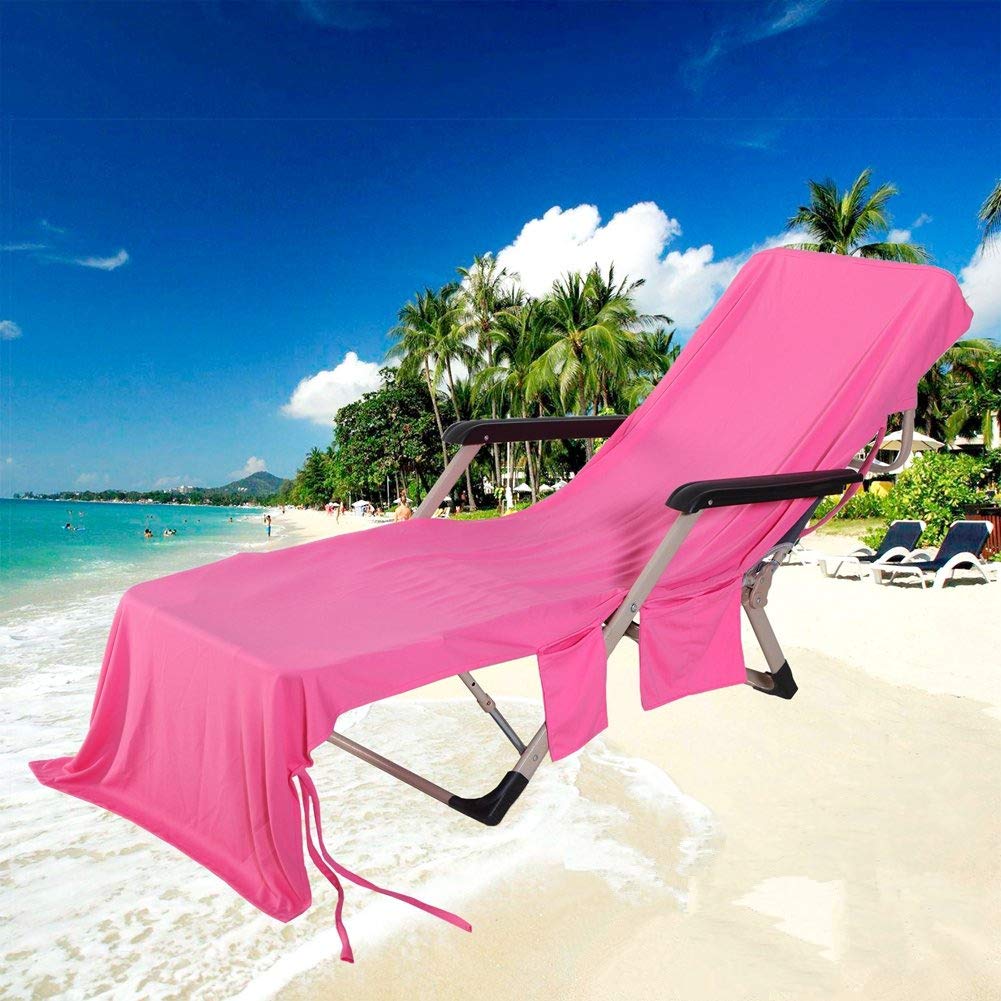 Lounge Chair Beach Towel Cover with Side Storage Pockets Microfiber Lightweight Beach Pool Chair Cover Towel for Sunbathing Holiday (Rose Red)