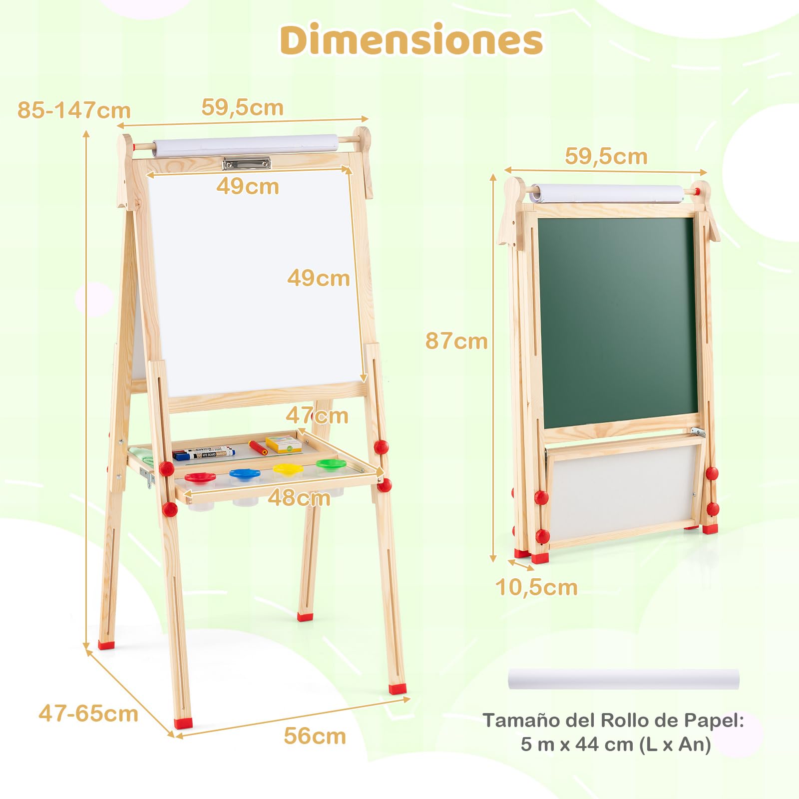 COSTWAY 3 en 1 Pizarra Caballete Infantil, Caballete Plegable con Pizarra Magnética de Doble Cara, Rollo de Papel, Altura Ajustable, Pizarra Magnética Infantil