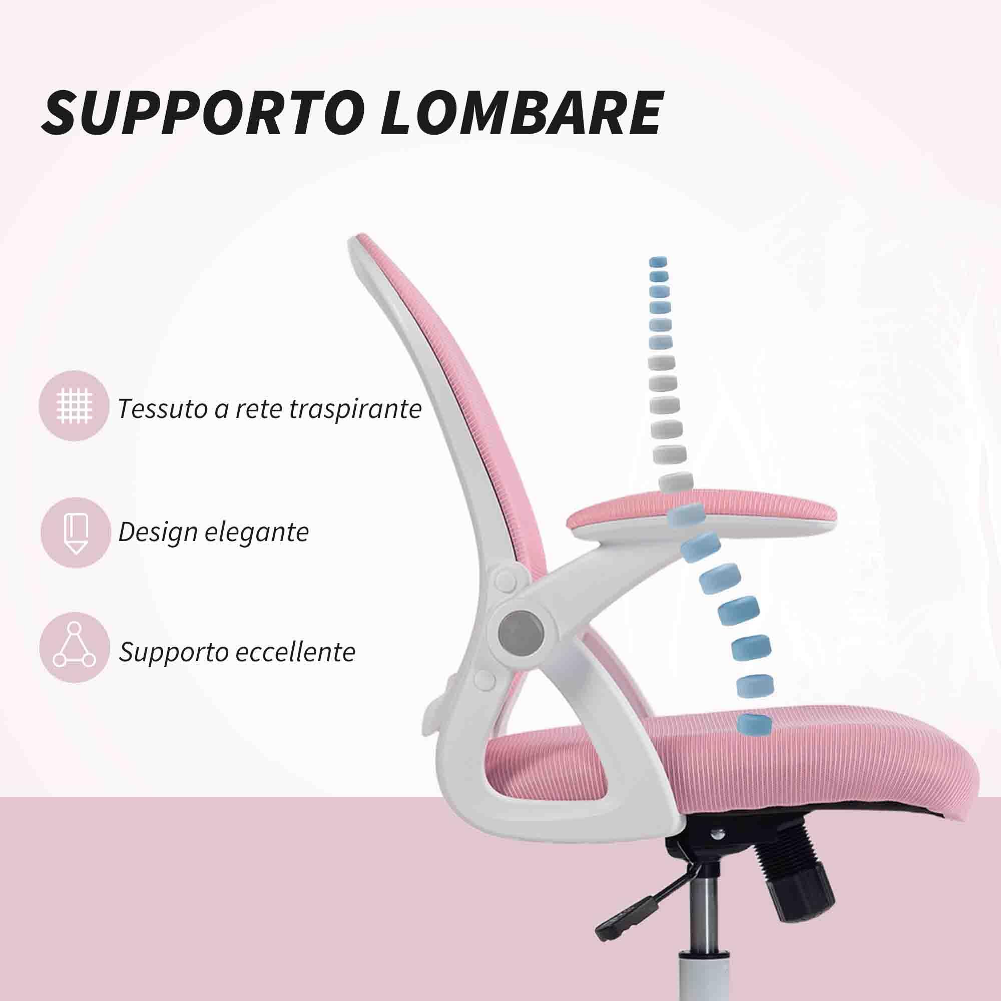 Vinsetto Sedia Ufficio con Funzione Dondolo, Braccioli Regolabili, Rosa | Altezza Regolabile, Sedia Scrivania con Schienale a Rete, Ruote, Seduta Imbottita, 65.5x61.5x88-97.5 cm