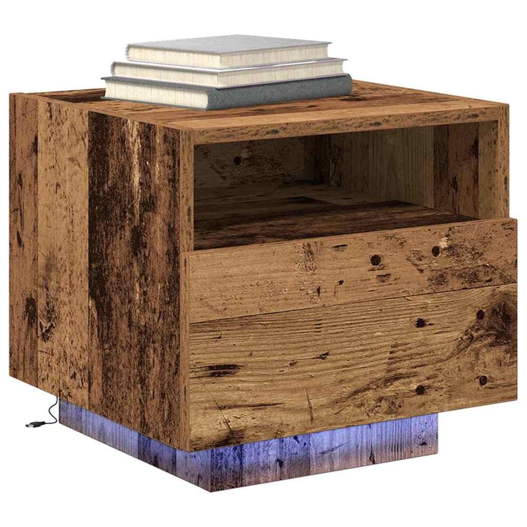 Zestaw 2 stolików nocnych, stare drewno z materiału drewnopochodnego, 40 x 39 x 37 cm, z szufladą, półką, paskiem LED i źródłem zasilania USB, do sypialni, łóżka, salonu, korytarza